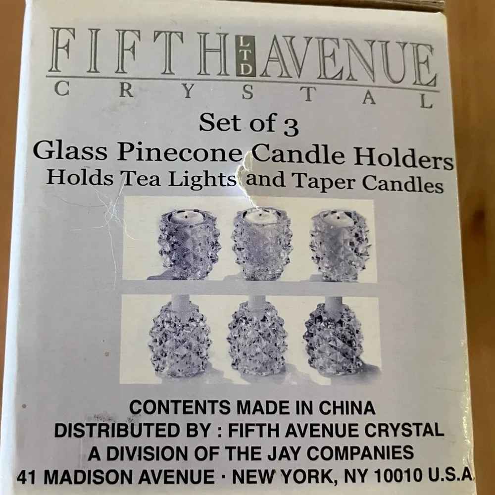 NEW Fifth Avenue Crystal Glass Pinecone Candle Holders - Set of 3, incl candles